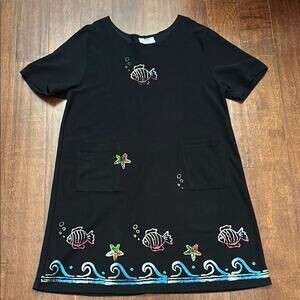 Viva Women’s Black 100% Cotton Dress with Fish Hand Painted Throughout, Size XL